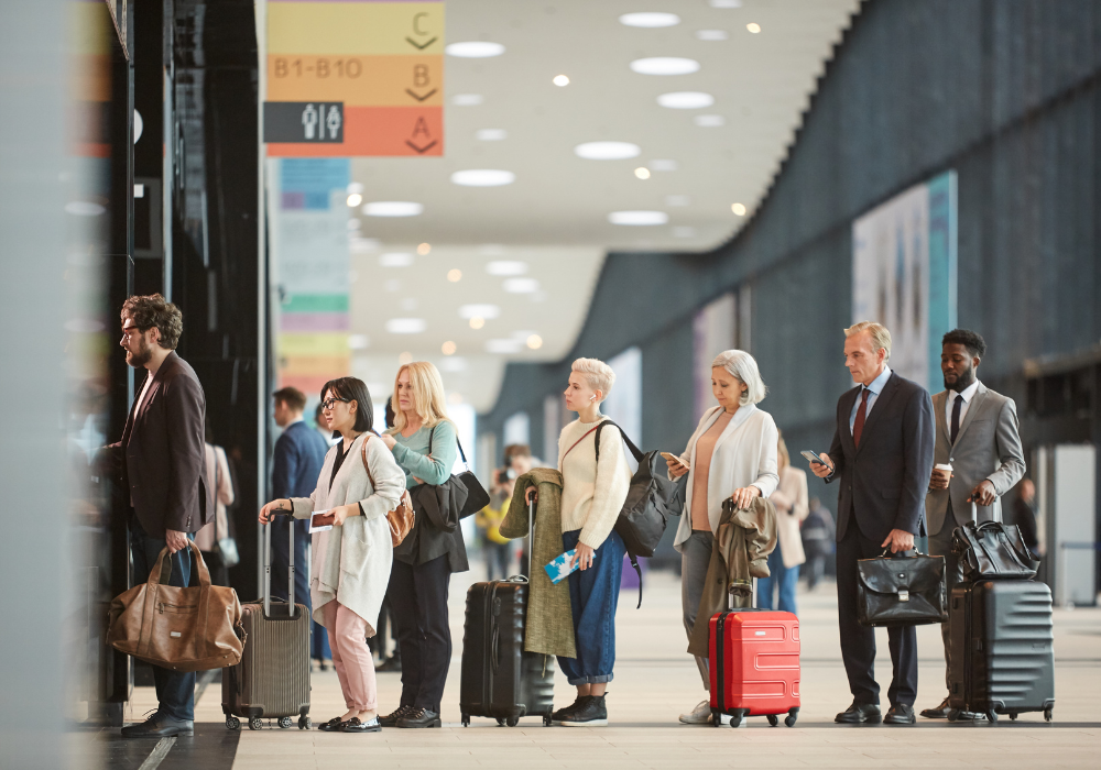 Passengers waiting in line at an airport
